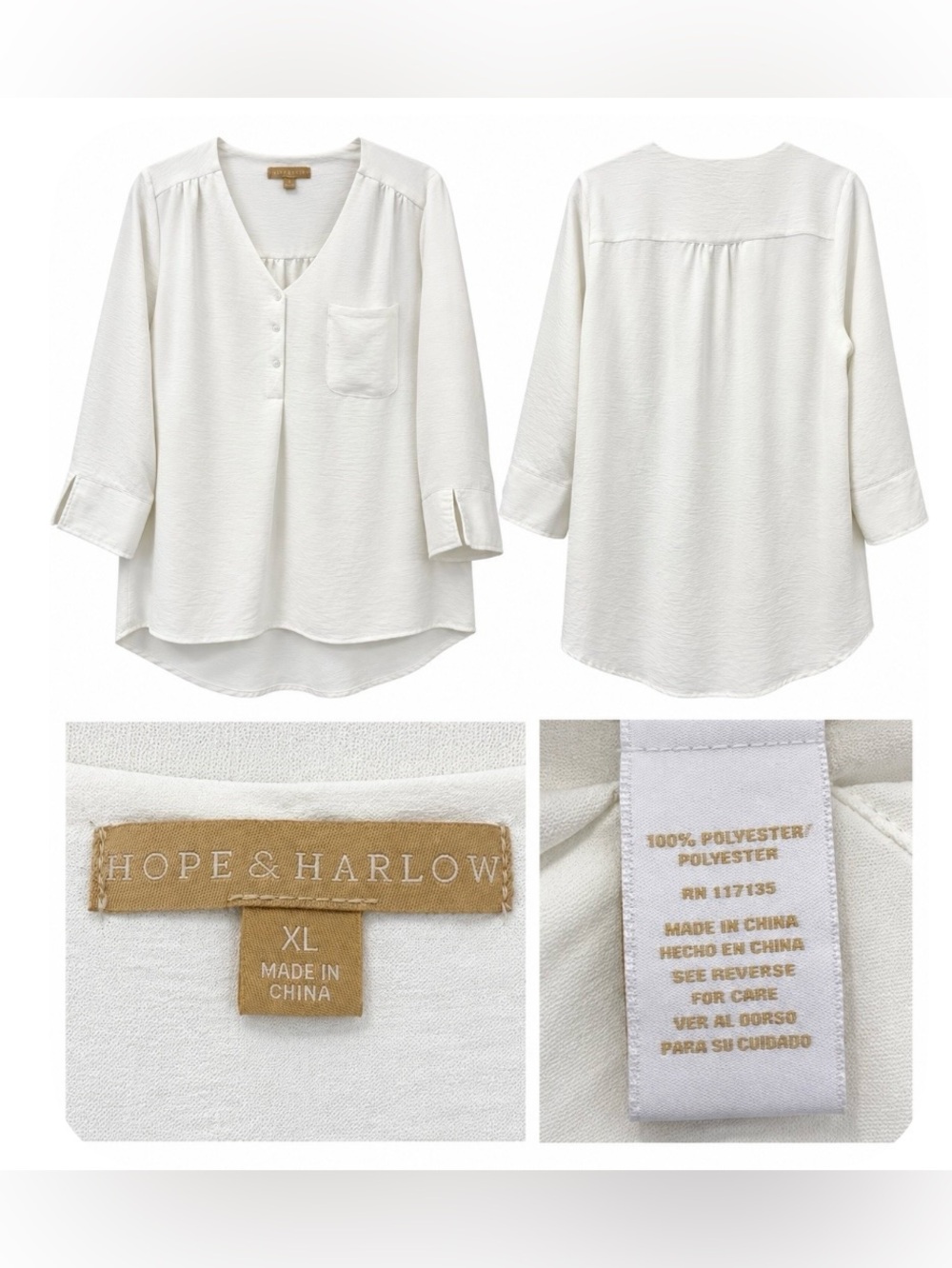 Hope & Harlow White Textured Blouse Women’s XL V-Neck 3/4 Sleeve High Low